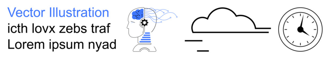 Productivity, efficiency, mental processes, cloud computing, time management, innovation. Abstract brain with gear, cloud and clock elements. Productivity and efficiency visually