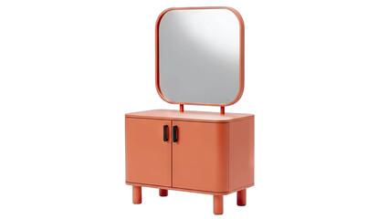 Modern Coral Vanity With Rounded Mirror Isolated On White Background Clean Design Minimalist Furniture With Two Doors And Four Legs Studio Shot