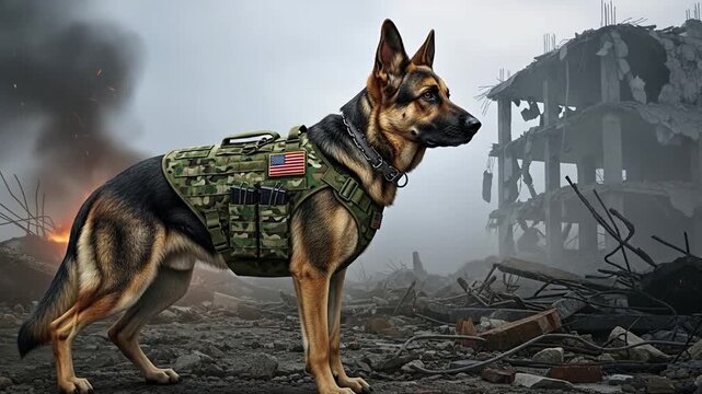 Heroic German Shepherd in military vest surveys devastation, resilient spirit prevails