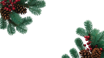 Festive christmas border with pine cones berries and evergreen branches on black