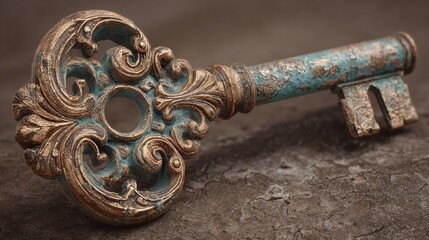 Unlock timeless elegance with antique key featuring ornate detailing and distressed finish
