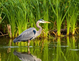 A majestic heron stands in calm water, its reflection visible. Tall green reeds form a vibrant backdrop