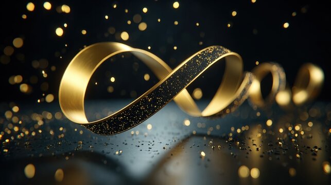 Elegant golden ribbon with black glitter surface flowing against a dark background with