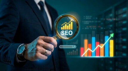 Focusing on SEO strategy for market growth, represented by a businessman holding a magnifying glass over an upward-trending digital chart.