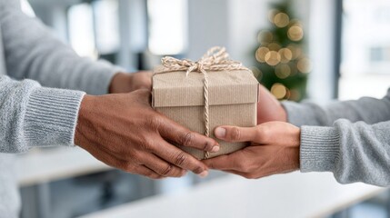 Two people are holding a brown box with a ribbon around it