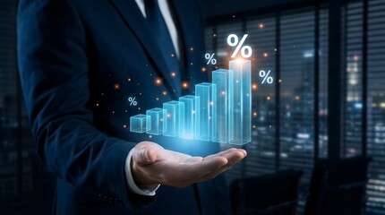 Highlighting financial growth and increasing interest rates or profit margins, represented by a businessman holding an illuminated percentage bar chart.