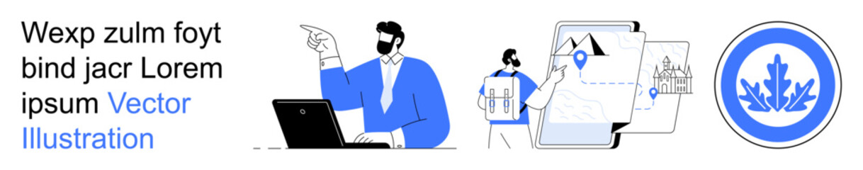 Business solutions, technology, remote work, data analysis, navigation, branding. Professional pointing at a screen with maps and symbols. Business solutions and technology concept