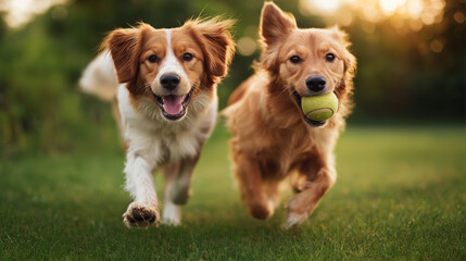two happy dogs running on grass, playful dogs outdoors, dogs playing fetch with tennis ball
