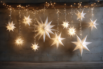 Magical festive star lanterns and glowing fairy lights create a warm, inviting atmosphere for winter holiday celebrations and cozy seasonal decor