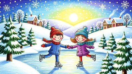 Fototapeta premium child-drawn crayon winter illustration of kids ice skating for holiday cards and seasonal designs