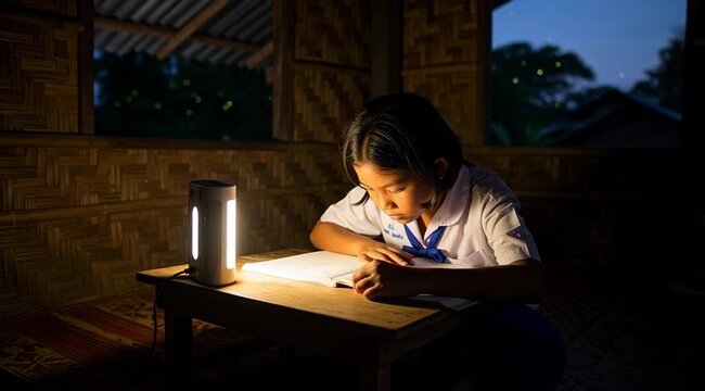 Focused student illuminates her studies with a modern lamp in a rural setting during evening time