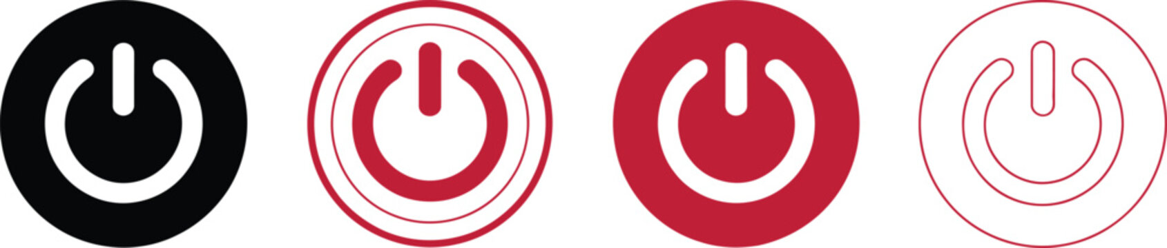 Professional red power button icons set featuring standby, start, and shut down symbols for tech.