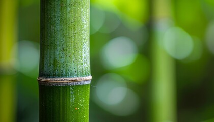 A close-up macro shot of a vibrant green bamboo stalk with a soft, out-of-focus natural background.