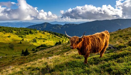 A majestic Highland cow stands on a grassy hillside, overlooking a stunning panorama of mountain ranges under a cloudy sky