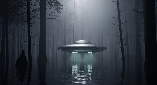 Extraterrestrial vehicle descends through the dense forest into mysterious water landscape with