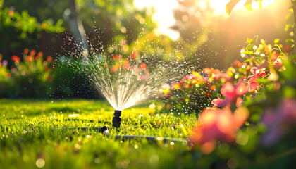 Garden Sprinkler Watering Lawn in Sunlight