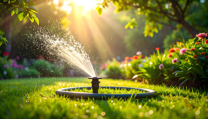 Garden Sprinkler Watering Lawn in Sunlight