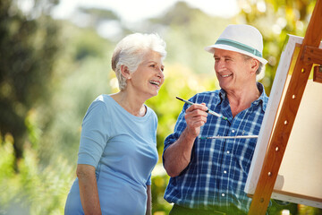 Laugh, painting and senior couple in park for bonding with artistic hobby, creativity and artwork. Retirement, marriage and elderly man and woman with canvas for drawing, picture and happy outdoor