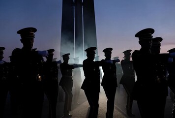 Military procession silhouetted against a twilight sky, evoking solemnity and commemoration,