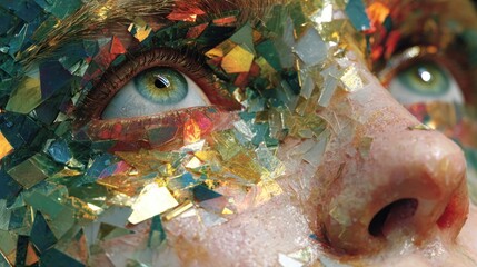 Close-up of a person's face with vibrant, multi-colored, fragmented embellishments, creating a striking artistic effect