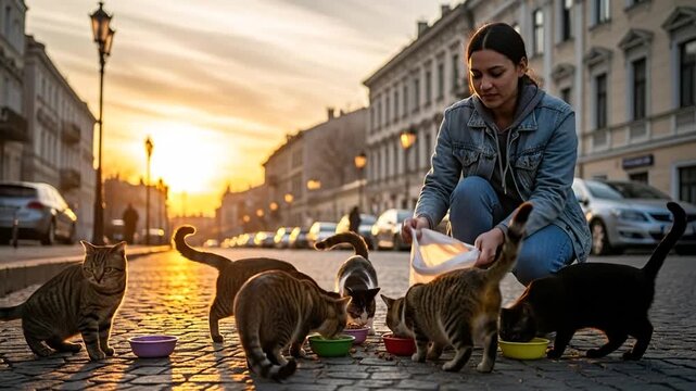 Volunteer kindly feeds stray cats during a golden sunset on a city street
