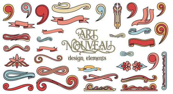 Art nouveau frame collection with flowing botanical ornaments and curved ribbons for vintage decoration or wedding design. Elegant borders with flowers and organic swirls for classic certificates