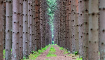 A long, straight dirt path creating a vanishing point through a dense forest of pine trees planted in neat rows.