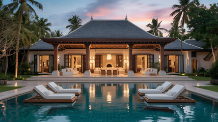 Traditional Tropical House with Pool at Dusk