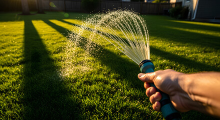 Watering Garden Lawn with Hose Sprinkler in Sunlight