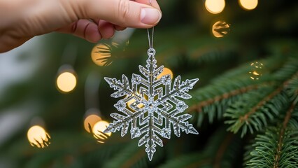 Close-up of hand hanging shimmering silver snowflake crystal ornament on Christmas tree, luxury festive background