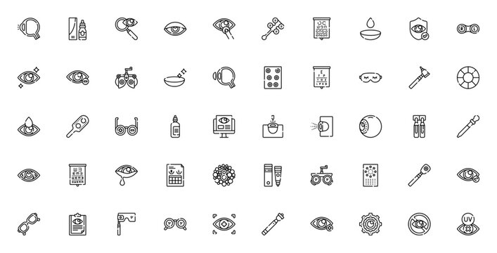 Optometrist icon set. Eye care vector icons pack. Inludes symbols for eye test contact lens, prescriptio glasses, laser surgery, dy eyes and more. Editable troke.