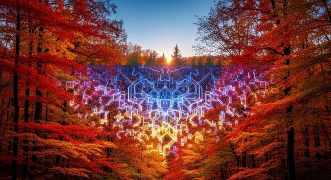 Autumnal Nexus: A Symphony of Natural Beauty and Geometric Abstraction within the Forest