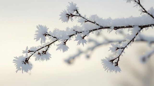 Delicate frost crystals adorn tree branches in an ethereal winter scene