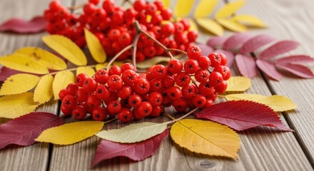 Autumn's colorful palette: A vibrant tapestry of rowan berries and leaves on aged wood surface