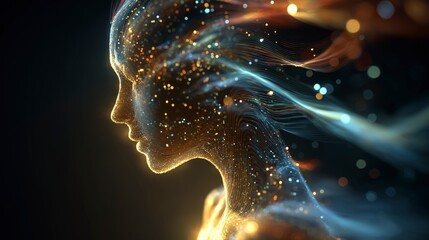 光の粒子に包まれた人物の横顔イメージ