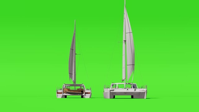 Two modern catamarans with full sails shown from a rear view, isolated on a green screen background for chroma keying.