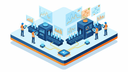 Obraz premium Isometric AI-powered Factory Automation: Smart Manufacturing with Robots, Conveyor Belts, and Data Analytics Dashboards
