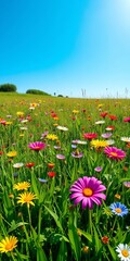 Obraz premium Vibrant green meadow bursting with colorful wildflowers under a bright blue sky, wildflowers, season