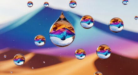 Naklejka premium Refraction through water droplets creating an abstract and vibrant desert scene with unique colors