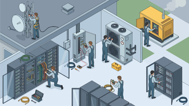 Isometric view of technicians maintaining telecommunications and server equipment: network infrastructure, data center maintenance, power generator inspection.