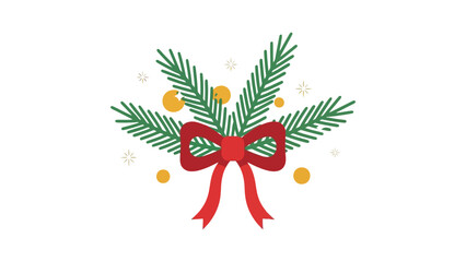 Evergreen arrangement with red bow and golden balls for adornment