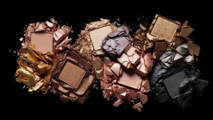 Crushed eyeshadow palette on black background