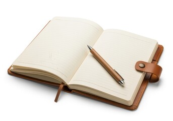 Open notebook with blank pages and a pen resting on top, leather cover visible.