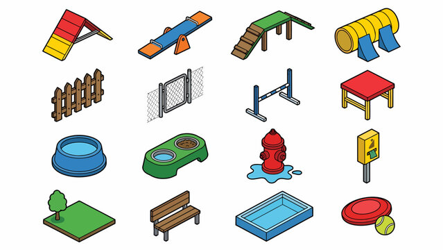 Isometric dog park equipment vector illustration for infographics, game design, or architectural visualization