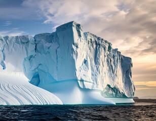 A majestic iceberg towers above choppy ocean waters, reflecting the colors of a dramatic sunrise and textured clouds