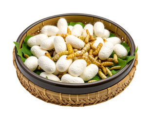 A traditional woven basket filled with white silkworm cocoons and yellow larvae on green leaves for sericulture