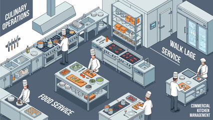 Obraz premium Isometric commercial kitchen with chefs preparing food, culinary operations and food service management concept illustration