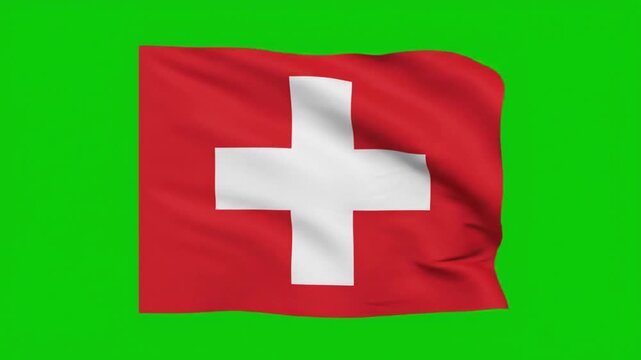 Waving Flag of Switzerland on Green Screen, Realistic 3D Animation of Swiss National Symbol with White Cross on Red Square, Chroma Key Isolated Background