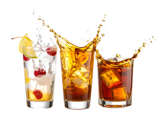 Three refreshing beverages with ice cubes and fruit garnishes in clear glasses, capturing a lively splash effect