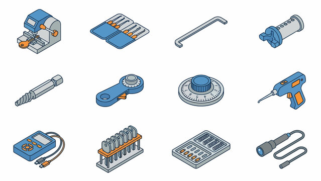 Locksmithing Isometric Tools Set: Key Cutting Machine, Lock Picks, Drill and Measuring Device, Security Lock, Flashlight
